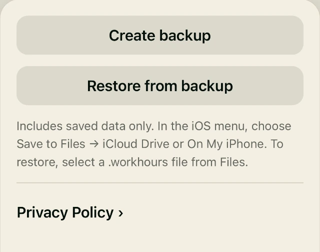 Real Settings controls for Create backup and Restore from backup, with instructions for Files and iCloud Drive.