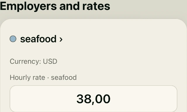 Actual Employers and rates settings showing the seafood employer, USD currency and 38,00 hourly rate.